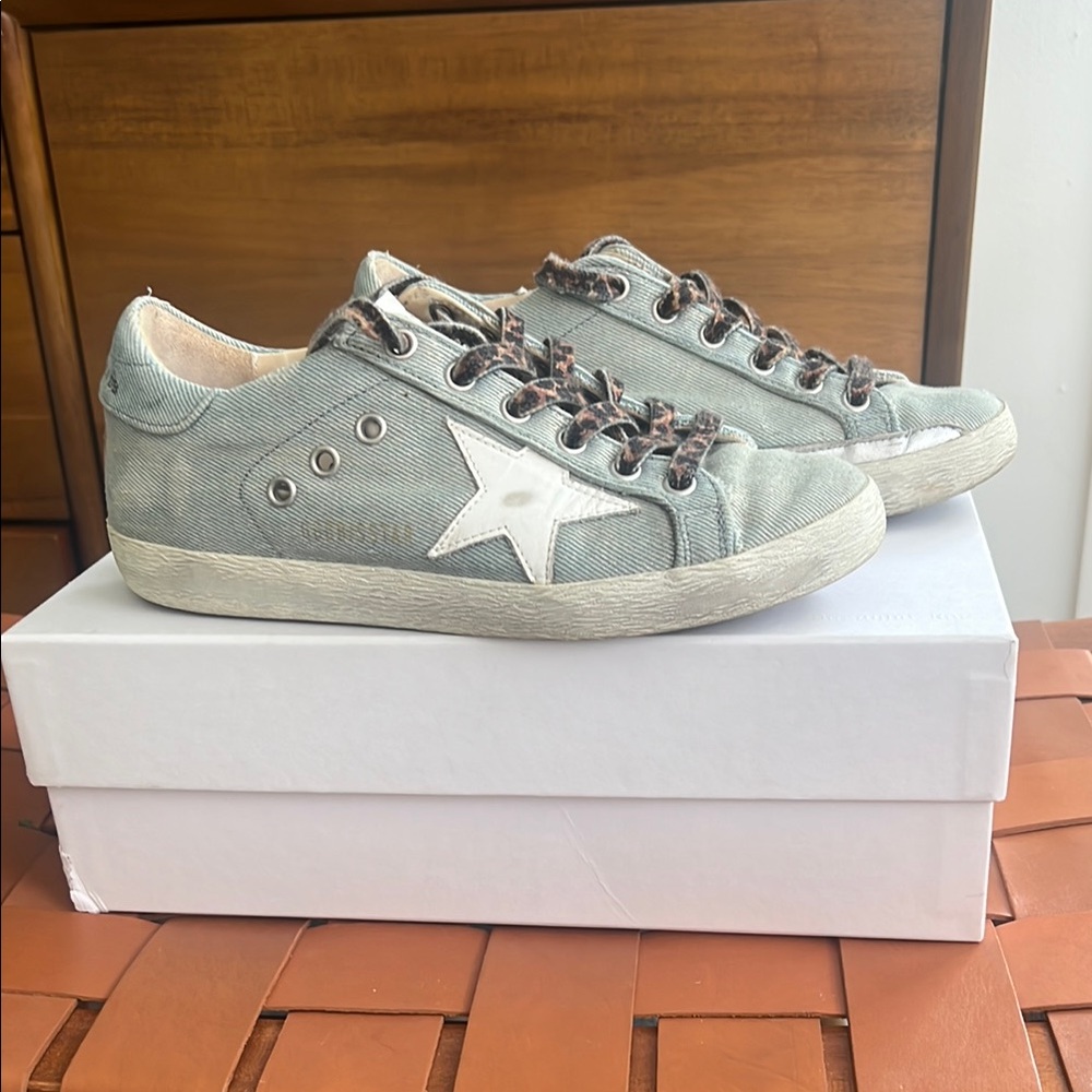 Golden Goose Denim Sneakers with Leopard Laces